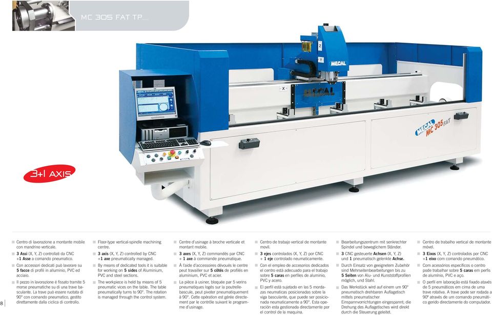 La trave può essere ruotata di 90 con comando pneumatico, gestito direttamente dalla ciclica di controllo. Floor-type vertical-spindle machining centre.