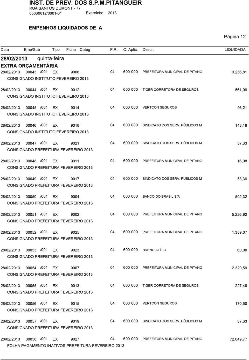 VERTCON SEGUROS 96,21 CONSIGNADO INSTITUTO FEVEREIRO 2013 28/02/2013 00046 /001 EX 9018 04 600 000 SINDICATO DOS SERV.