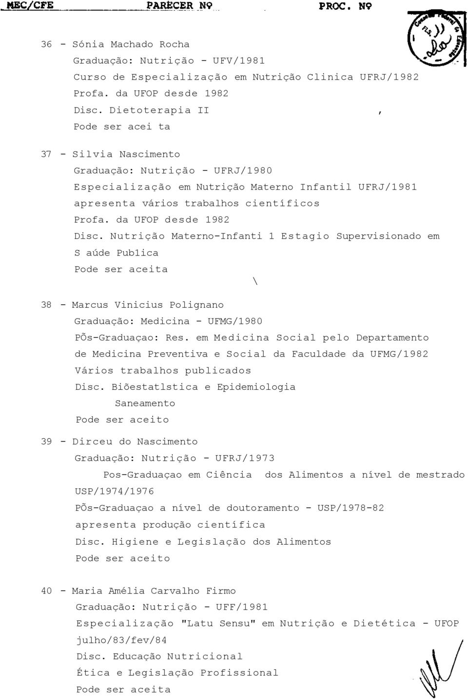 da UFOP desde 1982 Disc. Nutrição Materno-Infanti 1 Estagio Supervisionado em S aúde Pub1ica \ 38 - Marcus Vinicius Polignano Graduação: Medicina - UFMG/1980 PÕs-Graduaçao: Res.