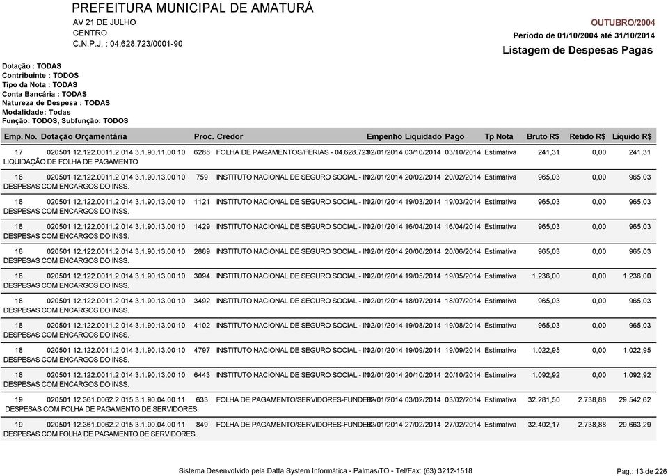 00 10 1121 INSTITUTO NACIONAL DE SEGURO SOCIAL - IN02/01/2014 19/03/2014 19/03/2014 Estimativa 965,03 DESPESAS COM ENCARGOS DO. 18 020501 12.122.0011.2.014 3.1.90.13.