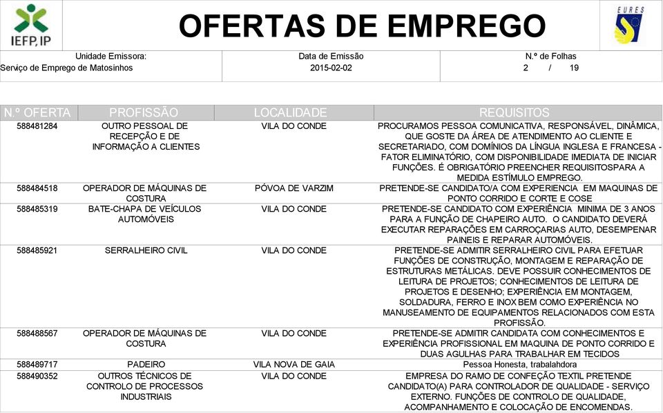 FRANCESA - FATOR ELIMINATÓRIO, COM DISPONIBILIDADE IMEDIATA DE INICIAR FUNÇÕES. É OBRIGATÓRIO PREENCHER PARA A MEDIDA ESTÍMULO EMPREGO.