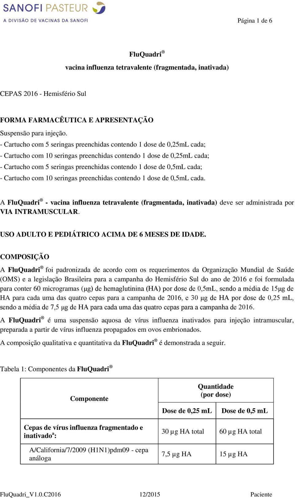 0,5mL cada; - Cartucho com 10 seringas preenchidas contendo 1 dose de 0,5mL cada. A FluQuadri - vacina influenza tetravalente (fragmentada, inativada) deve ser administrada por VIA INTRAMUSCULAR.