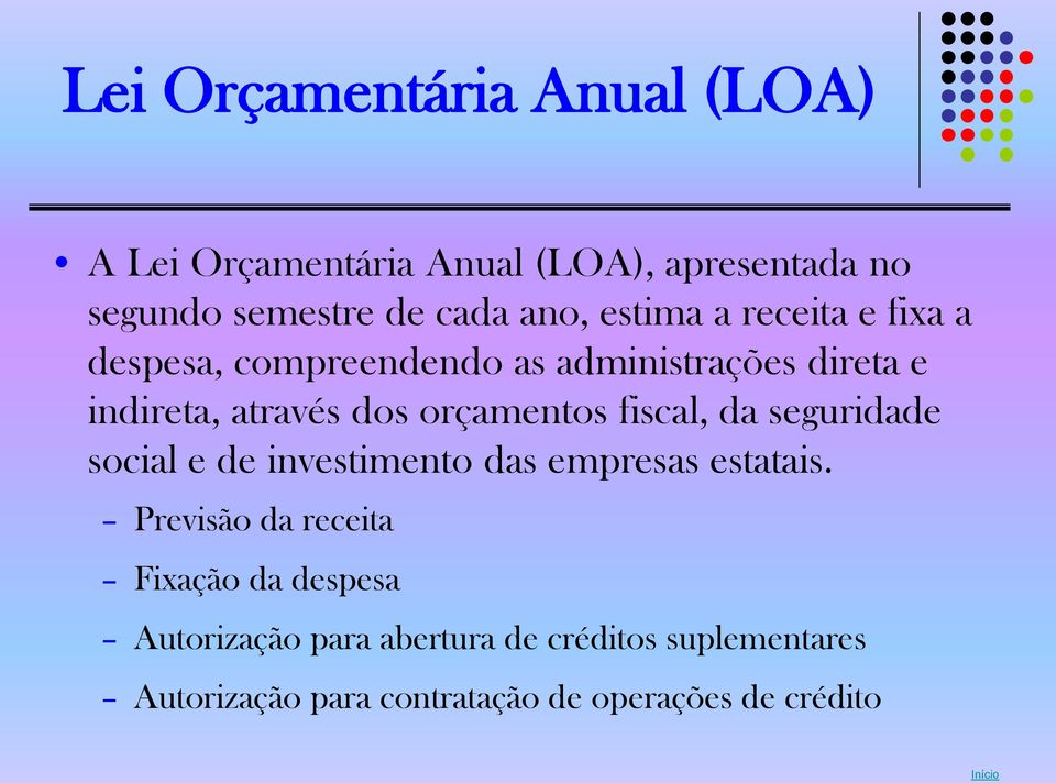 orçamentos fiscal, da seguridade social e de investimento das empresas estatais.