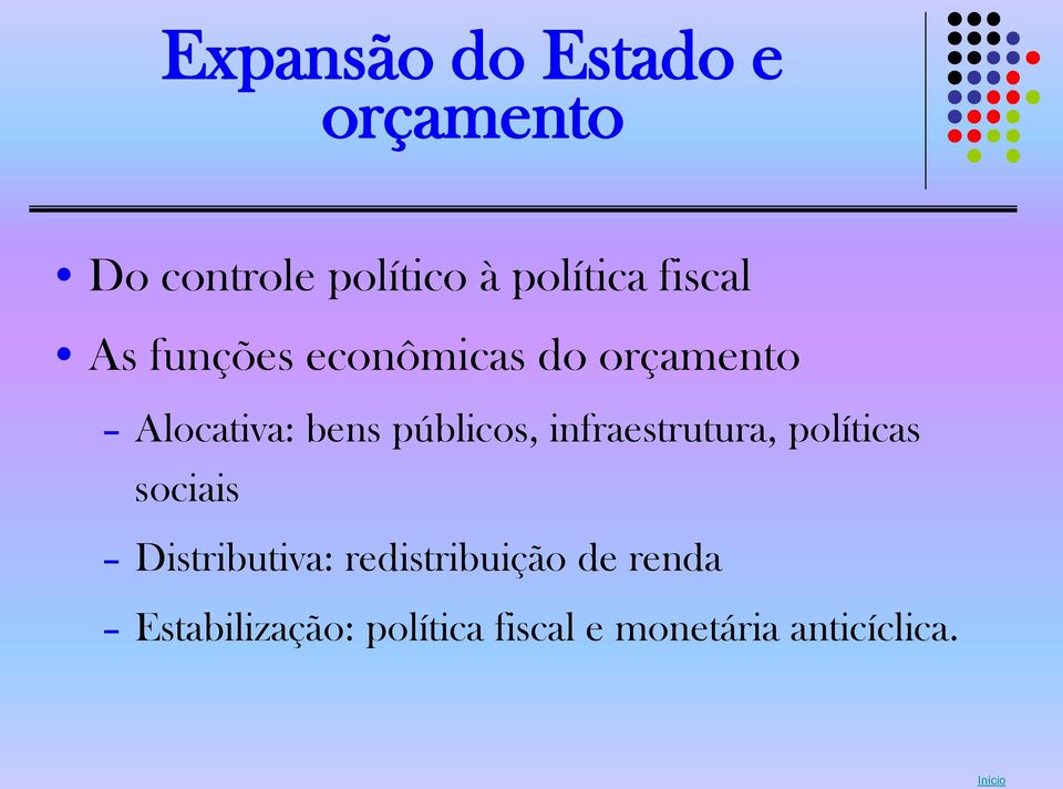 públicos, infraestrutura, políticas sociais Distributiva: