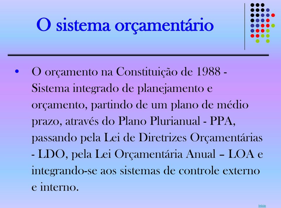 Plano Plurianual - PPA, passando pela Lei de Diretrizes Orçamentárias - LDO,