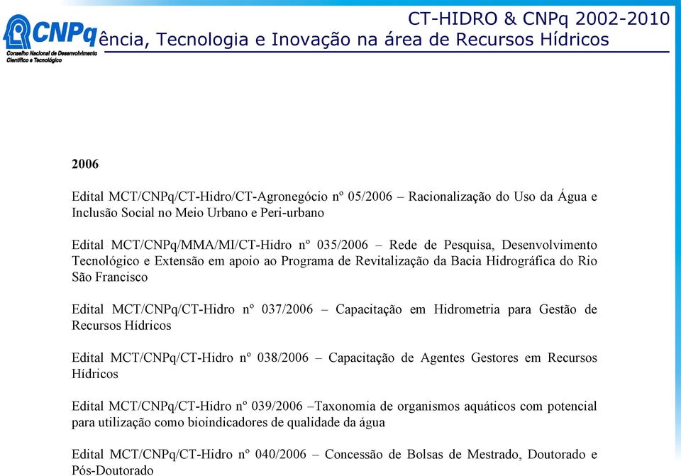 Hidrometria para Gestão de Recursos Hídricos Edital MCT/CNPq/CT-Hidro nº 038/2006 Capacitação de Agentes Gestores em Recursos Hídricos Edital MCT/CNPq/CT-Hidro nº 039/2006 Taxonomia de