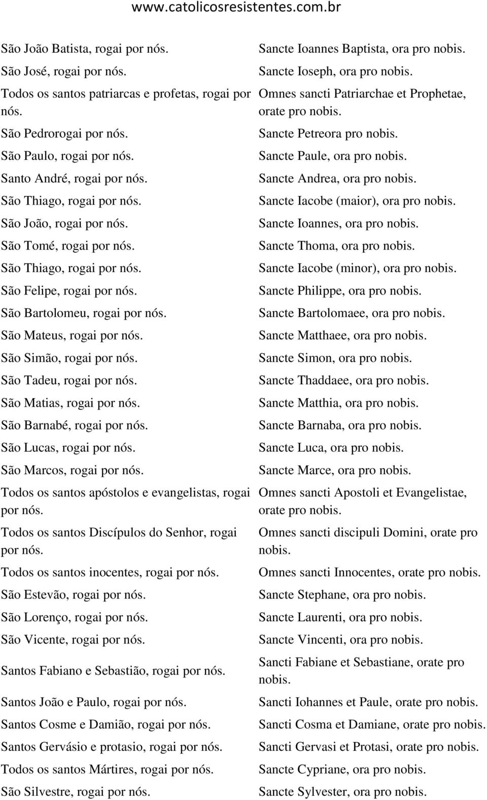 por São Lucas, rogai por São Marcos, rogai por Todos os santos apóstolos e evangelistas, rogai por Todos os santos Discípulos do Senhor, rogai por Todos os santos inocentes, rogai por São Estevão,