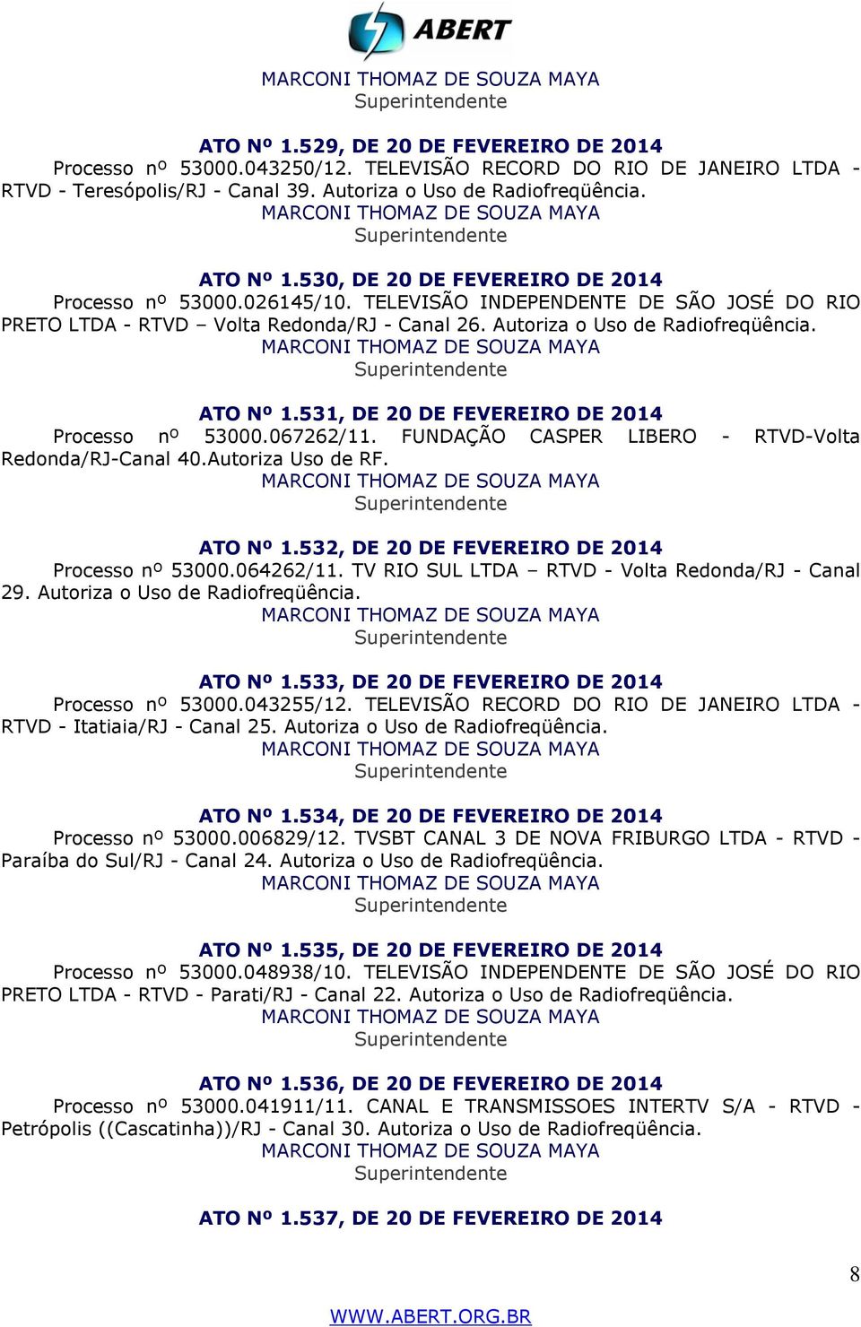 531, DE 20 DE FEVEREIRO DE 2014 Processo nº 53000.067262/11. FUNDAÇÃO CASPER LIBERO - RTVD-Volta Redonda/RJ-Canal 40.Autoriza Uso de RF. ATO Nº 1.532, DE 20 DE FEVEREIRO DE 2014 Processo nº 53000.