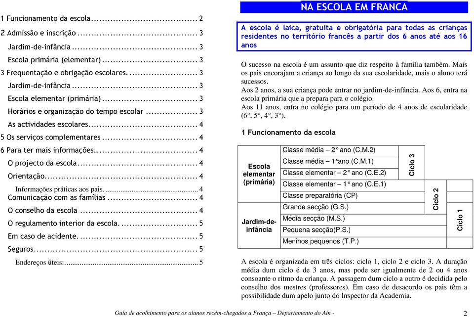 .. 4 Informações práticas aos pais.... 4 Comunicação com as famílias... 4 O conselho da escola... 4 O regulamento interior da escola... 5 Em caso de acidente... 5 Seguros... 5 Endereços úteis:.