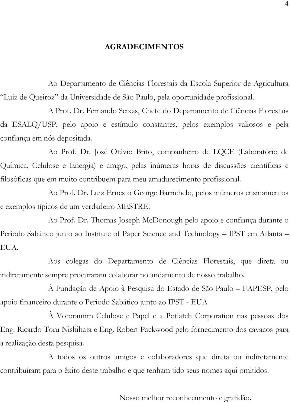 José Otávio Brito, companheiro de LQCE (Laboratório de Química, Celulose e Energia) e amigo, pelas inúmeras horas de discussões científicas e filosóficas que em muito contribuem para meu