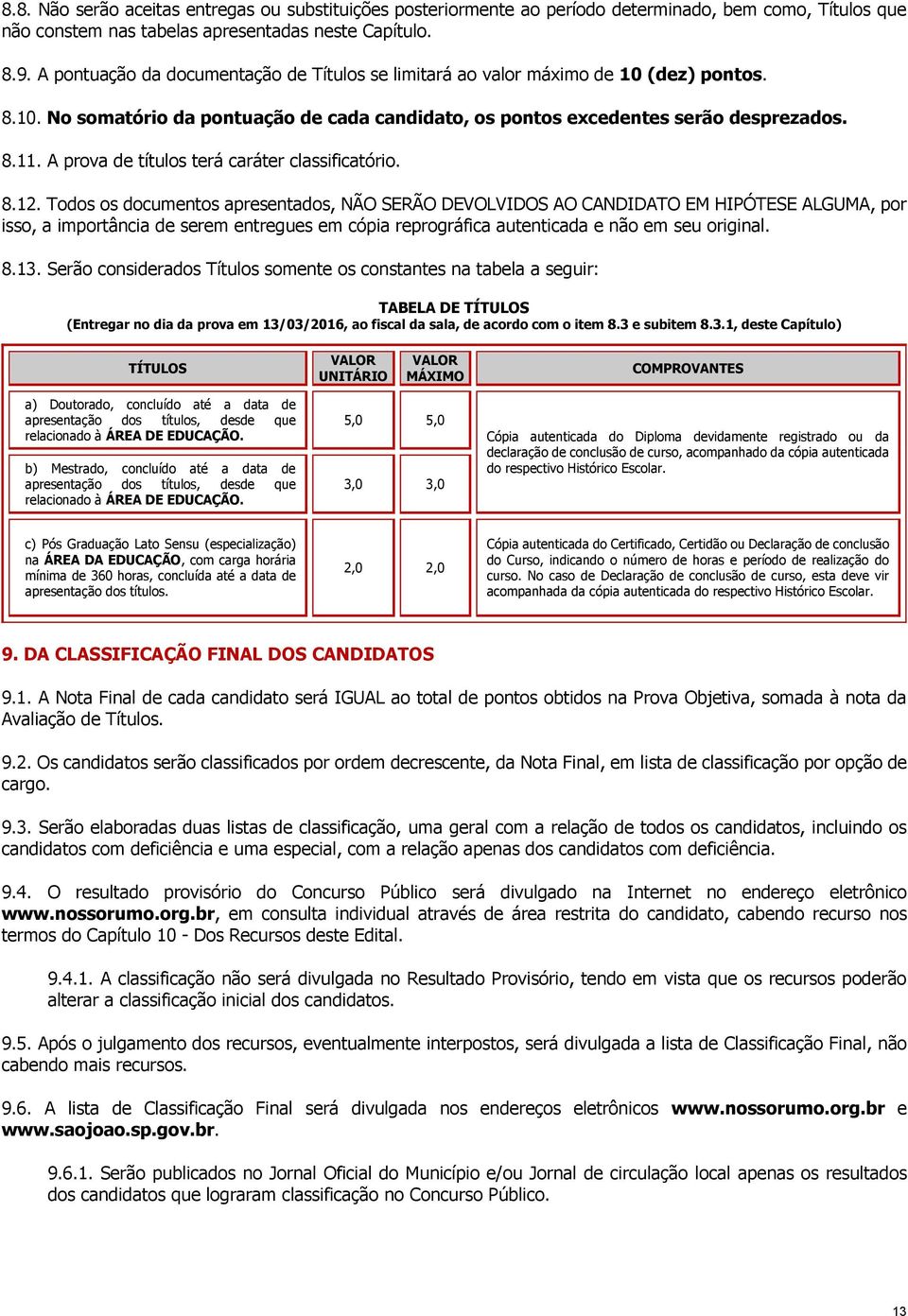 A prova de títulos terá caráter classificatório. 8.12.