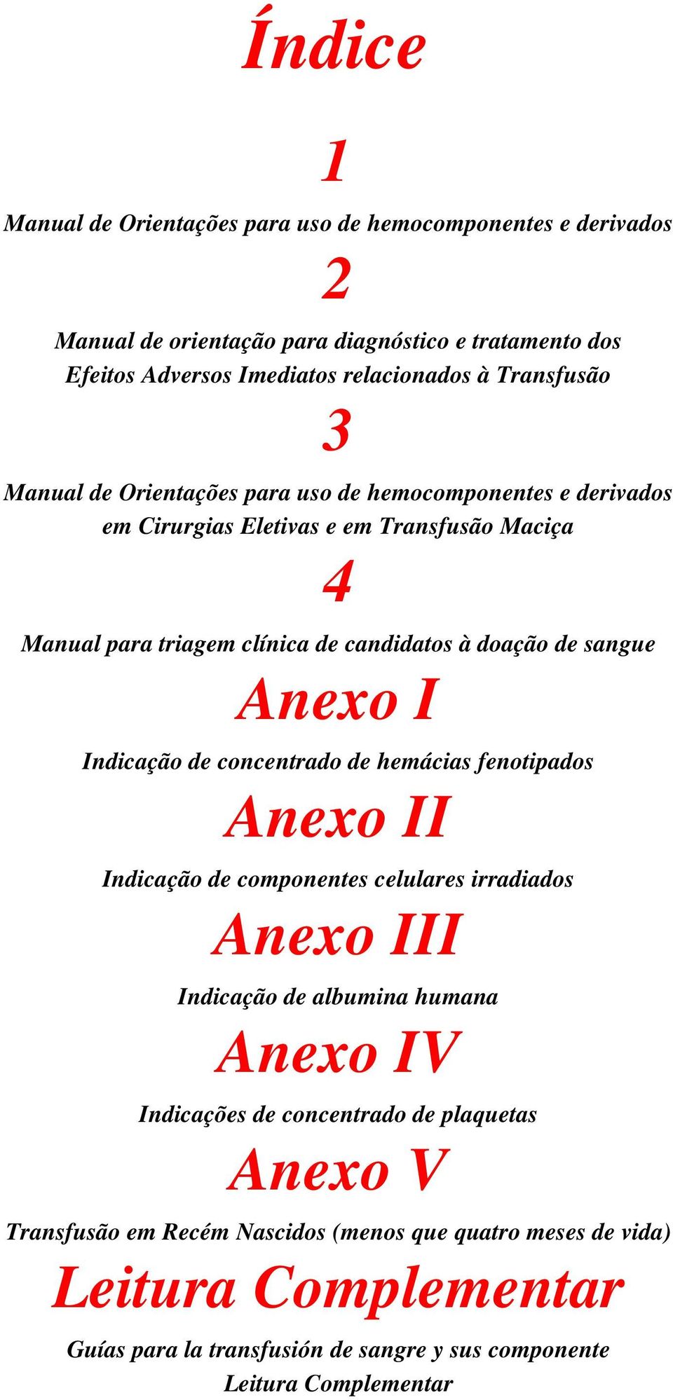 sangue Anexo I Indicação de concentrado de hemácias fenotipados Anexo II Indicação de componentes celulares irradiados Anexo III Indicação de albumina humana Anexo IV Indicações