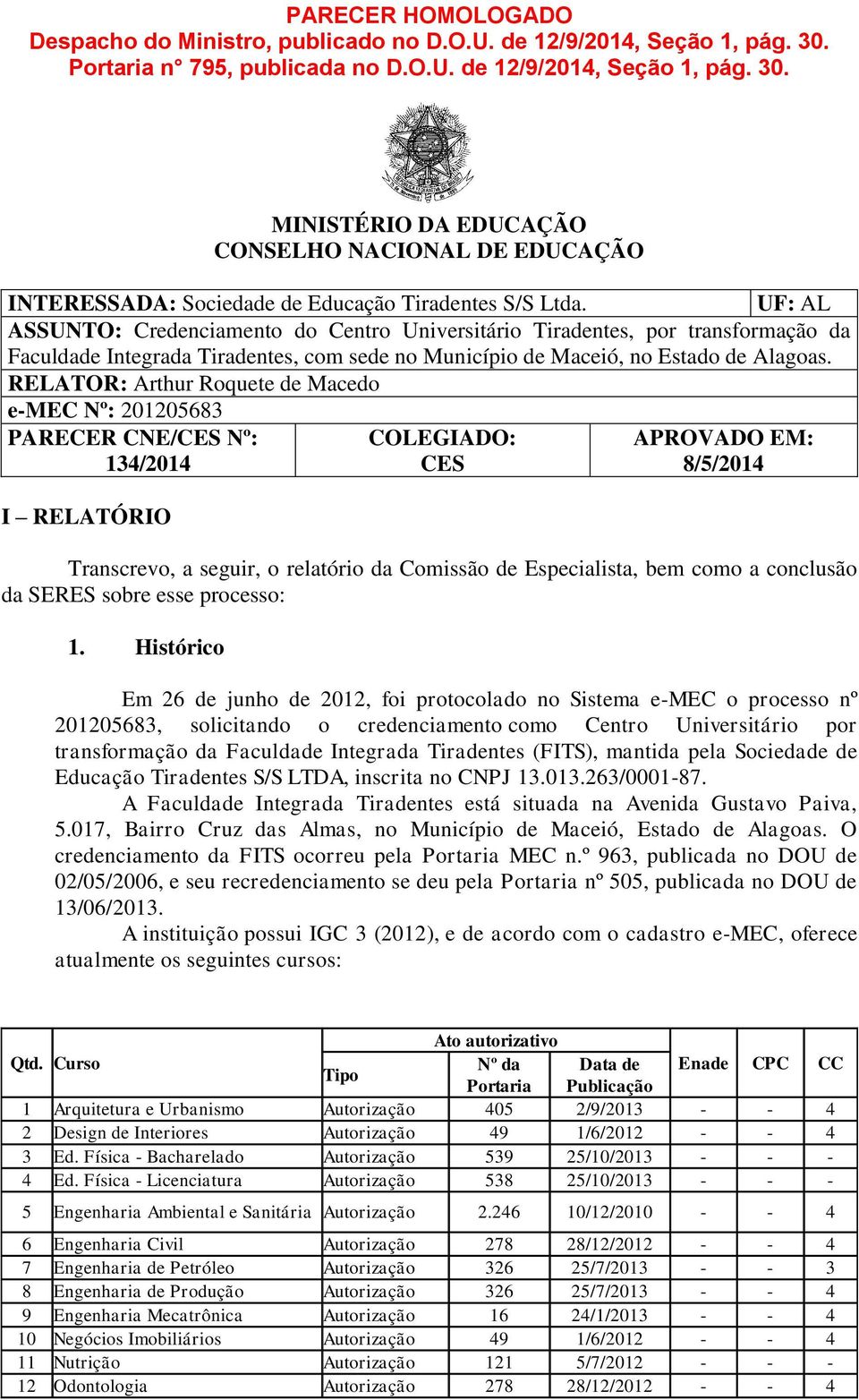 UF: AL ASSUNTO: Credenciamento do Centro Universitário Tiradentes, por transformação da Faculdade Integrada Tiradentes, com sede no Município de Maceió, no Estado de Alagoas.