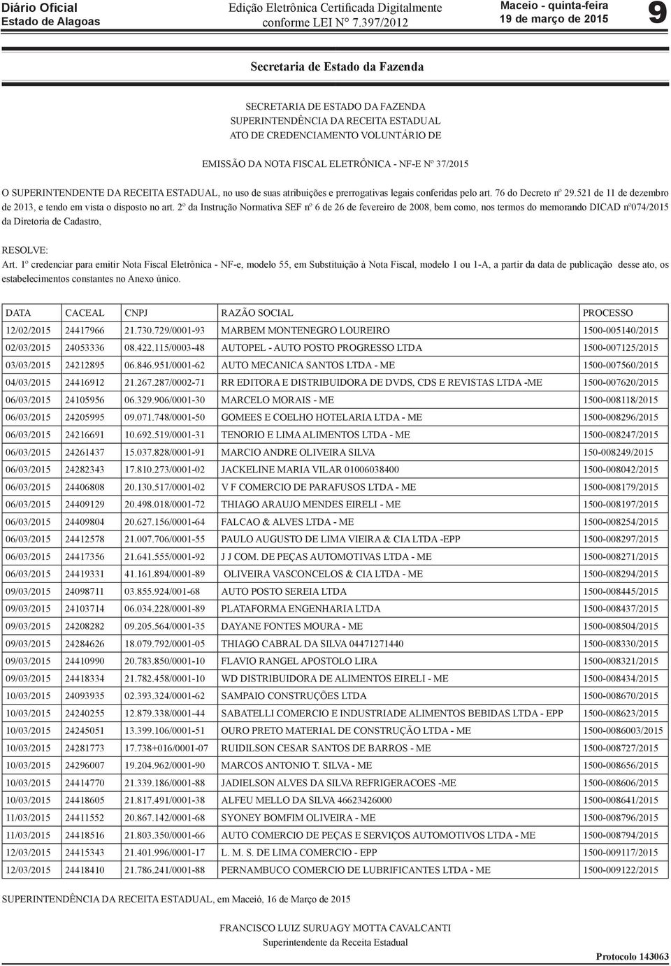 2º da Instrução Normativa SEF nº 6 de 26 de fevereiro de 2008, bem como, nos termos do memorando DICAD nº074/2015 da Diretoria de Cadastro, Art.