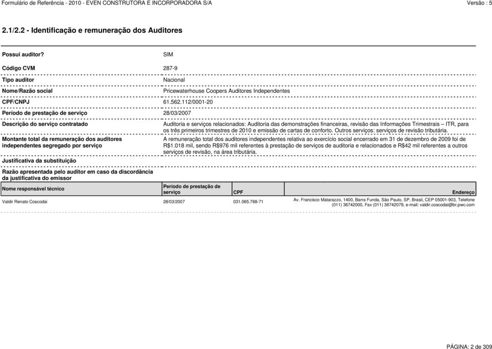 Auditoria e serviços relacionados: Auditoria das demonstrações financeiras, revisão das Informações Trimestrais ITR, para os três primeiros trimestres de 2010 e emissão de cartas de conforto.