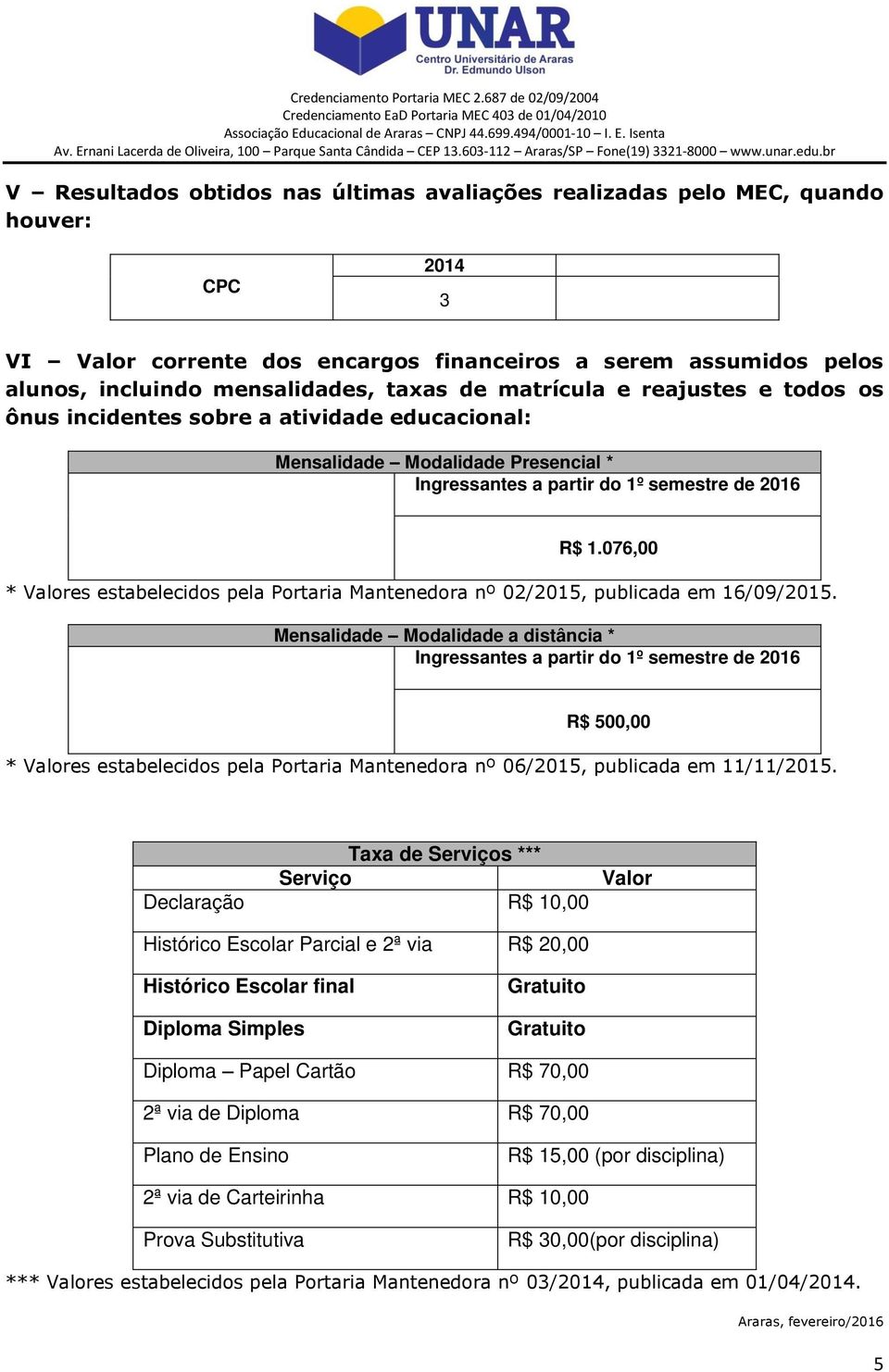 076,00 * Valores estabelecidos pela Portaria Mantenedora nº 02/2015, publicada em 16/09/2015.