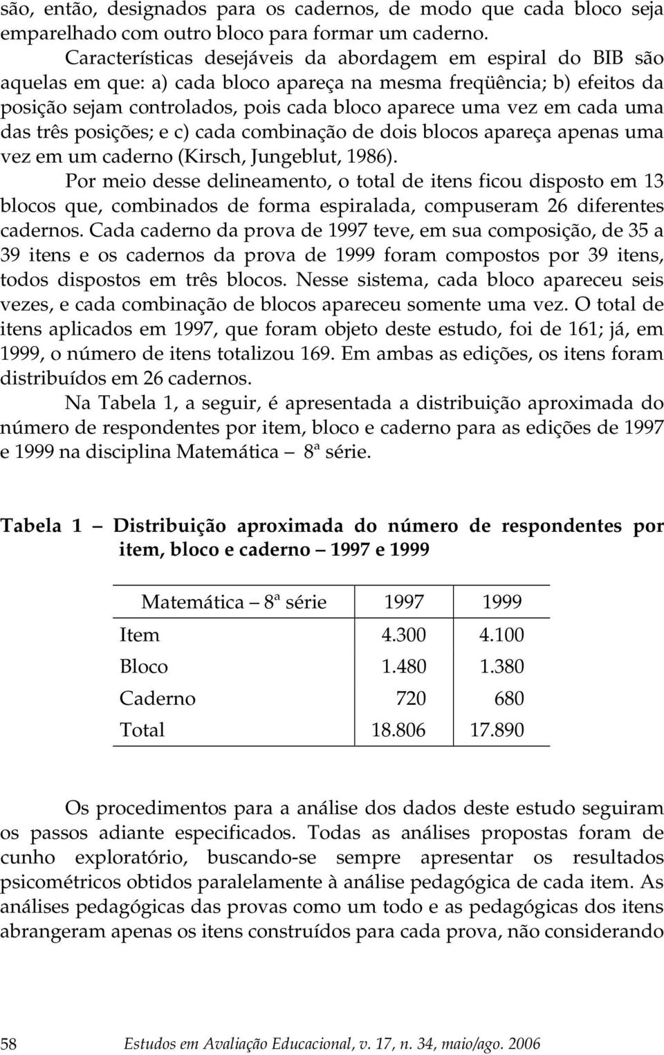 cada uma das três posições; e c) cada combinação de dois blocos apareça apenas uma vez em um caderno (Kirsch, Jungeblut, 1986).