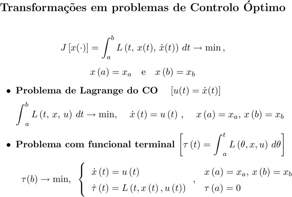 ẋ (t) =u (t), x (a) =x a, x (b) =x b Problema com funcional terminal τ(b) min, [ τ (t) =