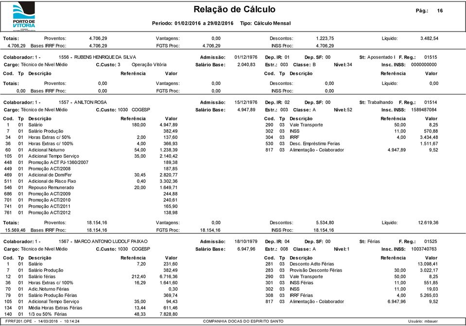 : 003 Classe: A F. Reg.: 01514 1589487084 18 4.947,89 290 03 Vale Transporte 5 8,25 382,49 302 03 INSS 34 01 Horas Extras c/ 50% 2,00 137,60 304 03 IRRF 4,00 3.