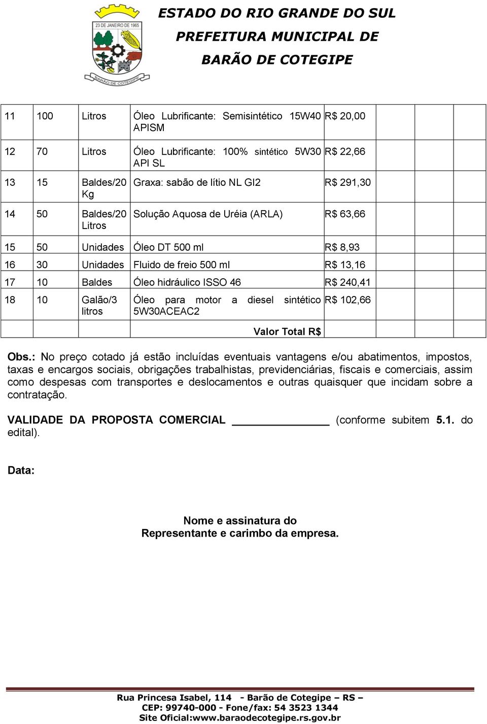 Galão/3 litros Óleo para motor a diesel sintético 5W30ACEAC2 Valor Total R$ R$ 102,66 Obs.