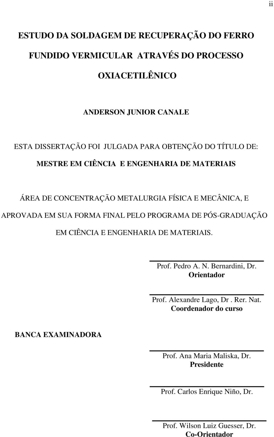 PELO PROGRAMA DE PÓS-GRADUAÇÃO EM CIÊNCIA E ENGENHARIA DE MATERIAIS. Prof. Pedro A. N. Bernardini, Dr. Orientador Prof. Alexandre Lago, Dr. Rer. Nat.