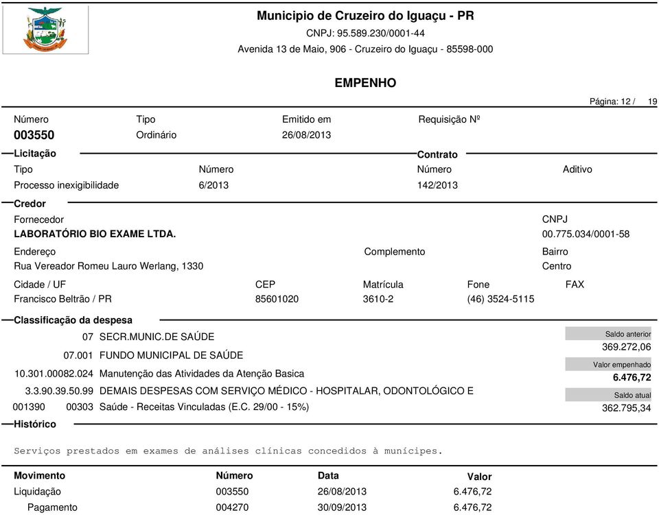 99 DEMAIS DESPESAS COM SERVIÇO MÉDICO - HOSPITALAR, ODONTOLÓGICO E 001390 00303 Saúde - Receitas Vinculadas (E.C. 29/00-15%) 369.