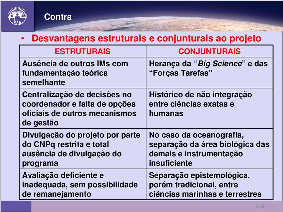 inadequada, sem possibilidade de remanejamento CONJUNTURAIS Herança da Big Science e das Forças Tarefas Histórico de não integração entre ciências exatas e humanas No caso