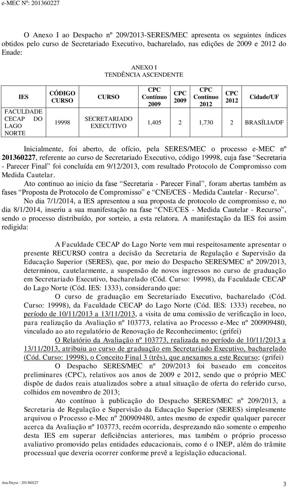 ofício, pela SERES/MEC o processo e-mec nº 013607, referente ao curso de Secretariado Executivo, código 19998, cuja fase Secretaria - Parecer Final foi concluída em 9/1/013, com resultado Protocolo