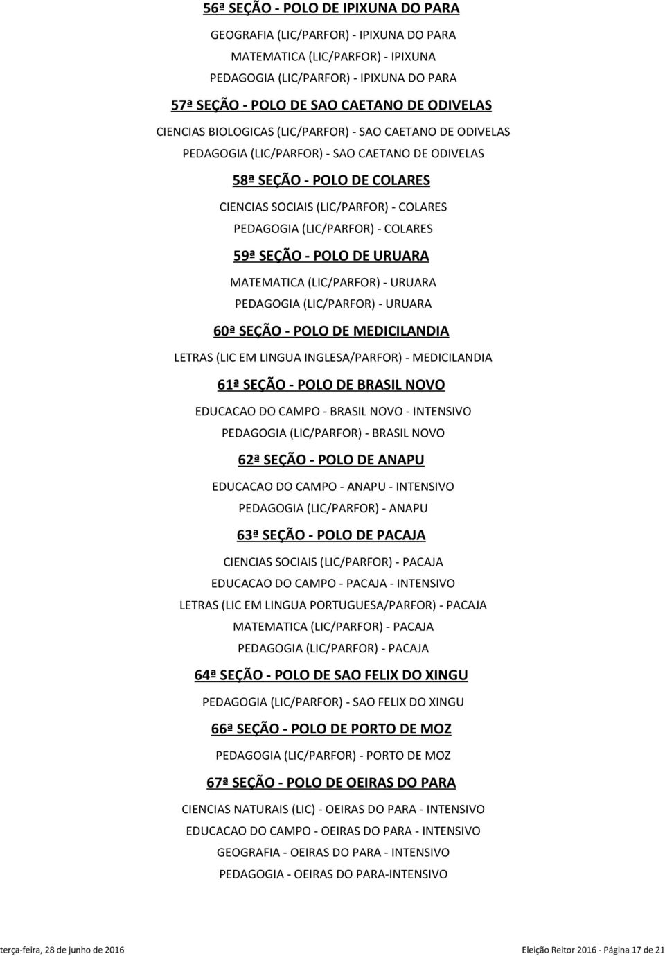 - COLARES 59ª SEÇÃO - POLO DE URUARA MATEMATICA (LIC/PARFOR) - URUARA PEDAGOGIA (LIC/PARFOR) - URUARA 60ª SEÇÃO - POLO DE MEDICILANDIA LETRAS (LIC EM LINGUA INGLESA/PARFOR) - MEDICILANDIA 61ª SEÇÃO -