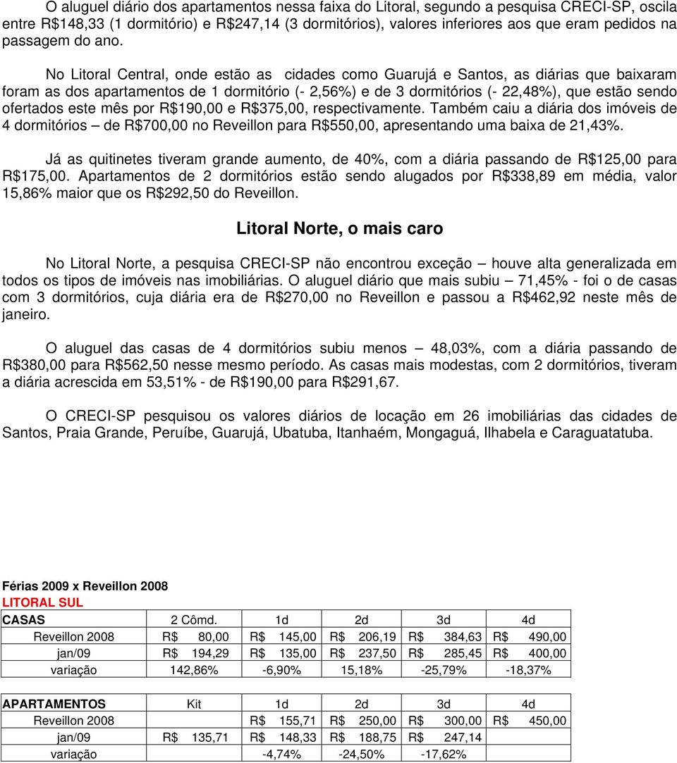 No Litoral Central, onde estão as cidades como Guarujá e Santos, as diárias que baixaram foram as dos apartamentos de 1 dormitório (- 2,56%) e de 3 dormitórios (- 22,48%), que estão sendo ofertados