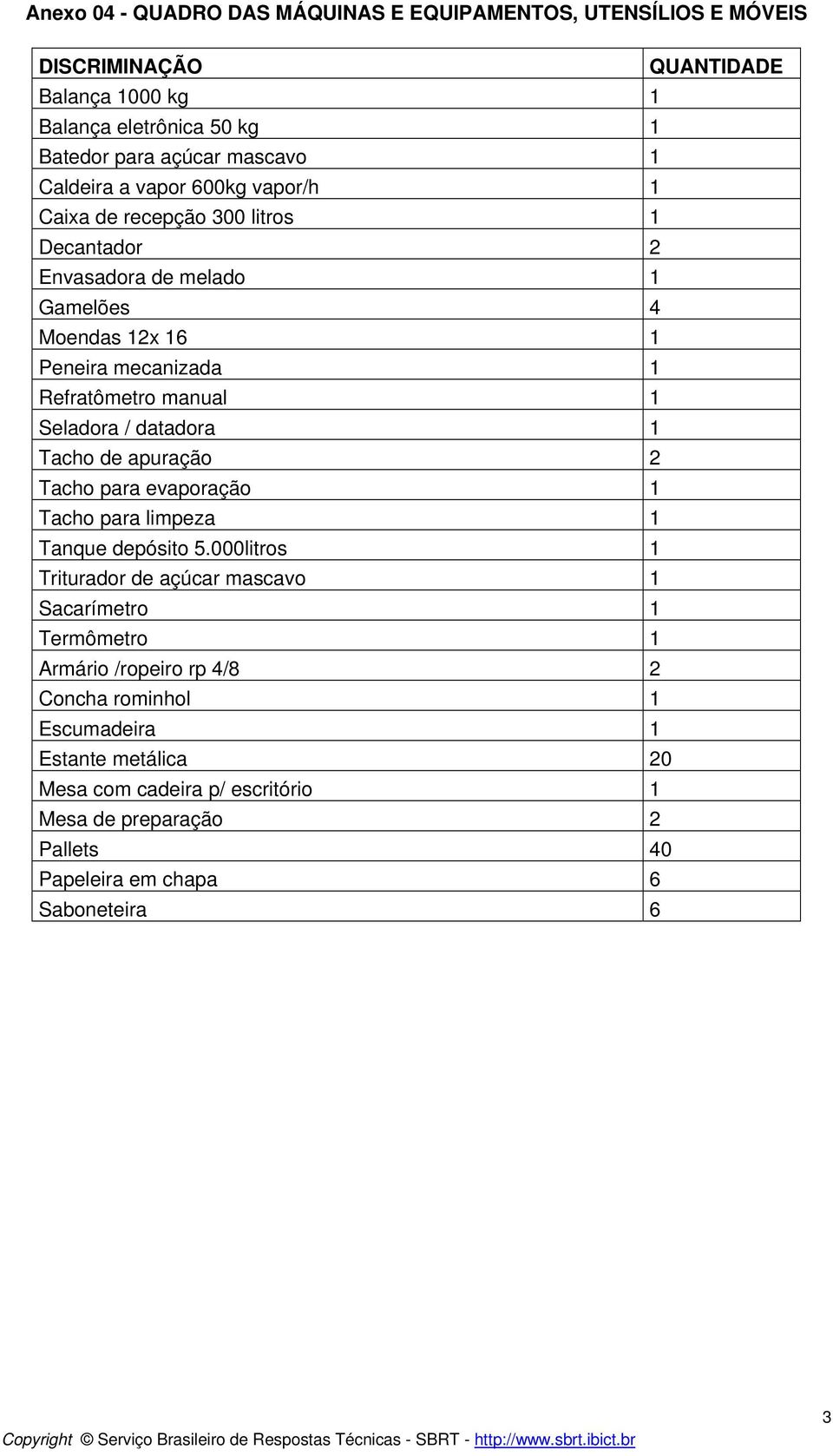 Seladora / datadora 1 Tacho de apuração 2 Tacho para evaporação 1 Tacho para limpeza 1 Tanque depósito 5.