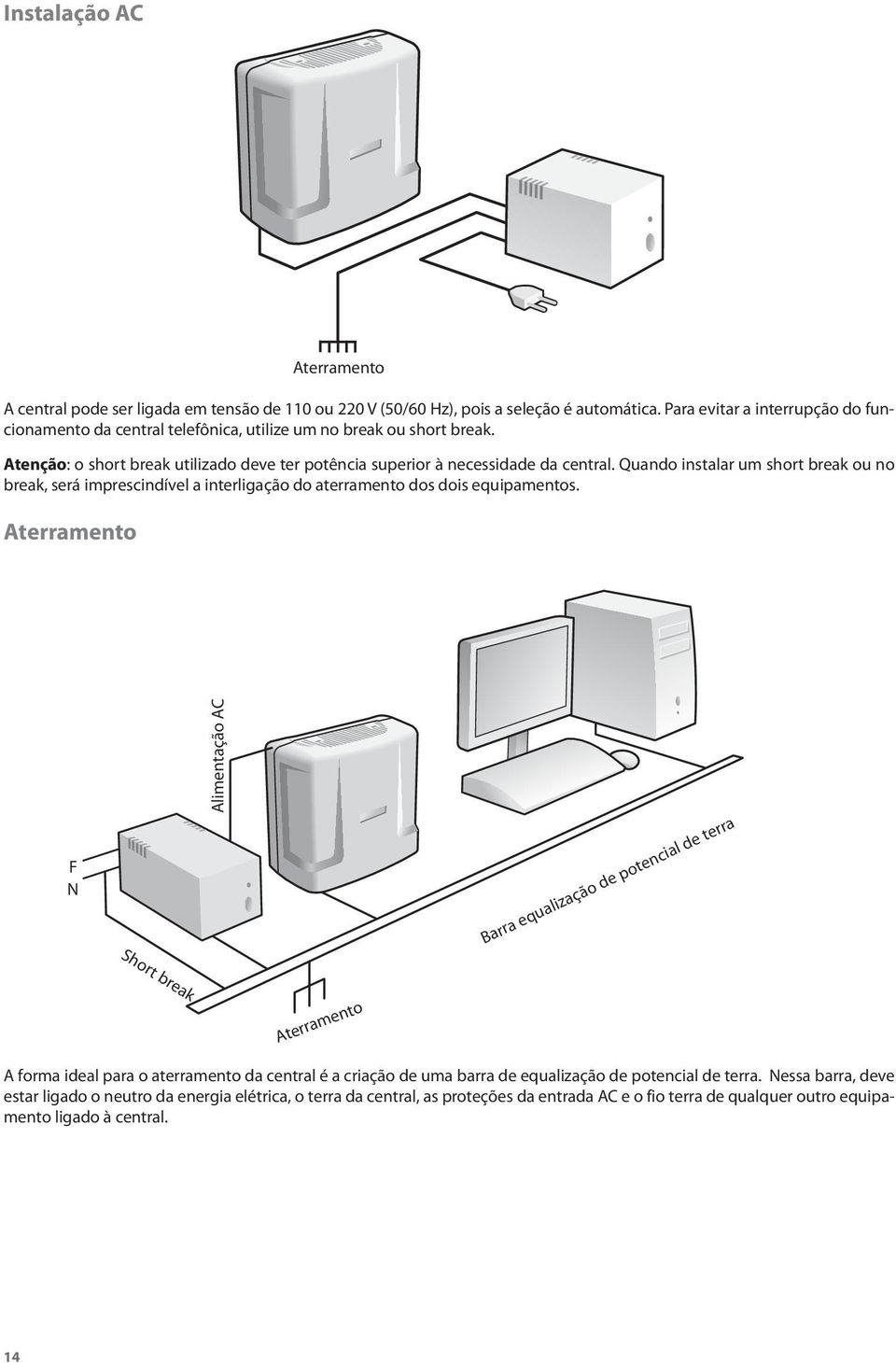 Quando instalar um short break ou no break, será imprescindível a interligação do aterramento dos dois equipamentos.