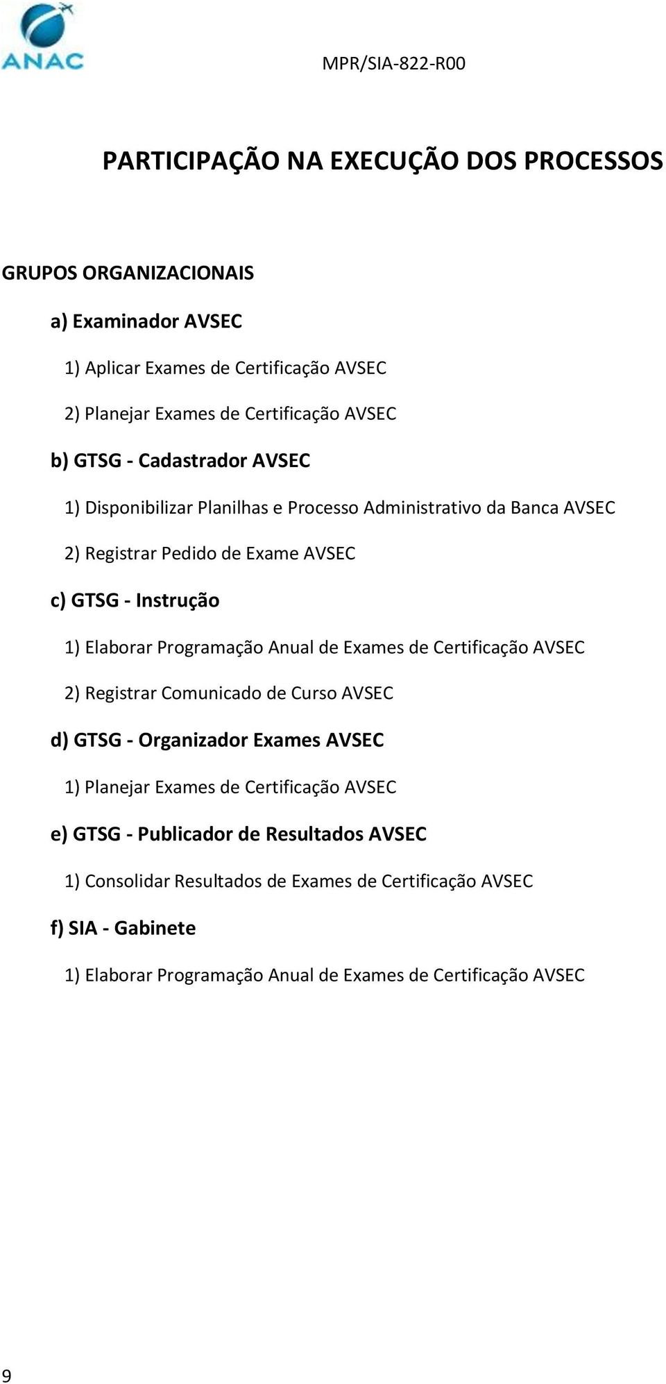Programação Anual de Exames de Certificação AVSEC 2) Registrar Comunicado de Curso AVSEC d) GTSG - Organizador Exames AVSEC 1) Planejar Exames de Certificação AVSEC e)