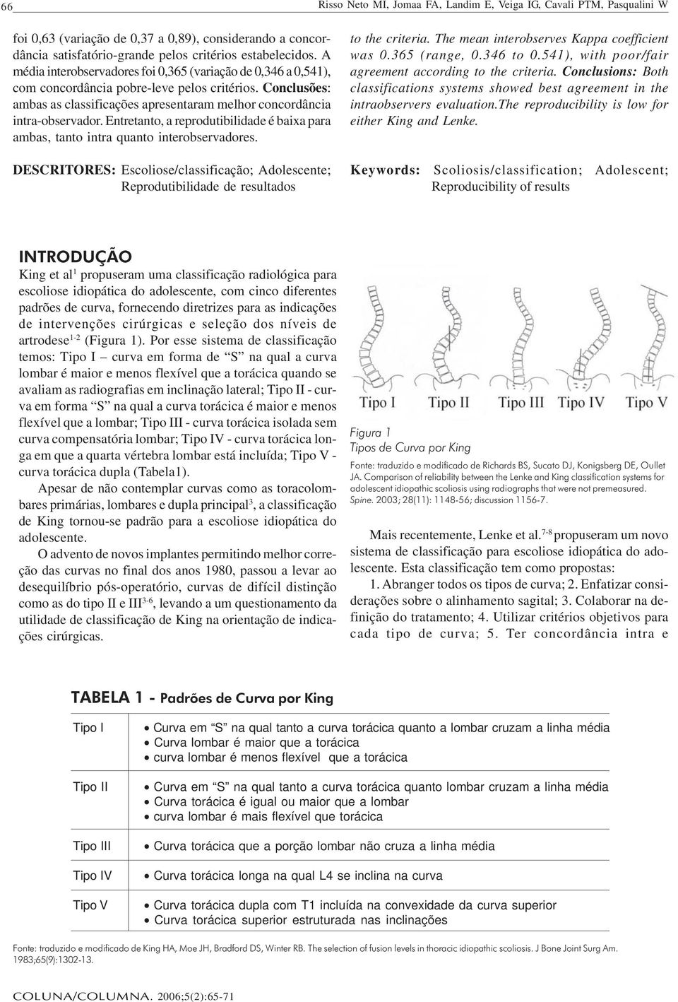 Entretanto, a reprodutibilidade é baixa para ambas, tanto intra quanto interobservadores. DESCRITORES: Escoliose/classificação; Adolescente; Reprodutibilidade de resultados to the criteria.