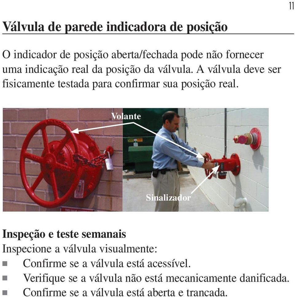 Volante Sinalizador Inspeção e teste semanais Inspecione a válvula visualmente: Confirme se a válvula está