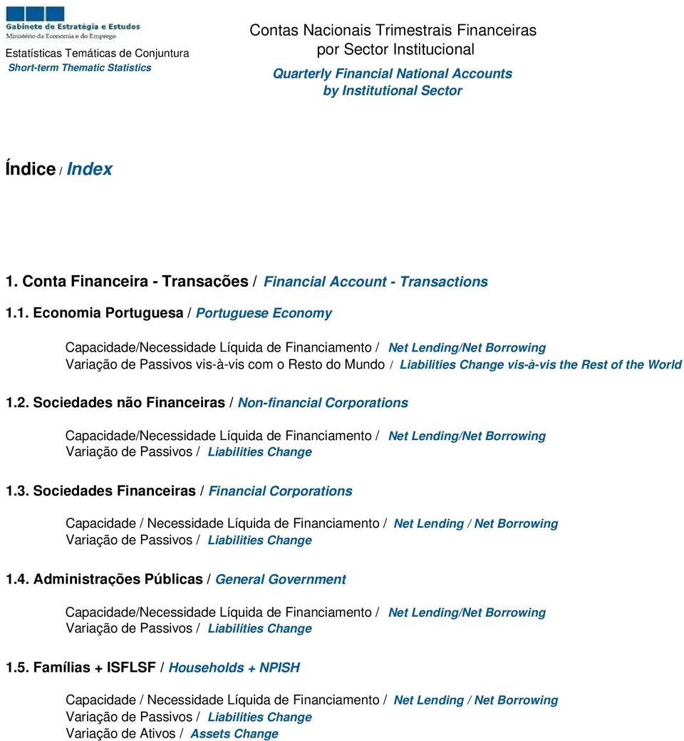 1. Economia Portuguesa / Portuguese Economy Capacidade/Necessidade Líquida de Financiamento / Net Lending/Net Borrowing Variação de Passivos vis-à-vis com o Resto do Mundo / Liabilities Change