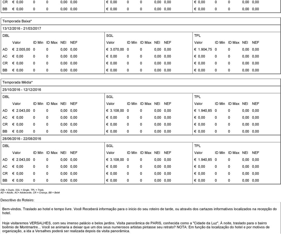 940,85 0 0 0,00 0,00 = Duplo, = Single, = Triplo, AD = Adulto, AC= Adolecente, CR = Criança, BB = Bebê Descritivo do Roteiro: Bem-vindos. Traslado ao hotel e tempo livre.