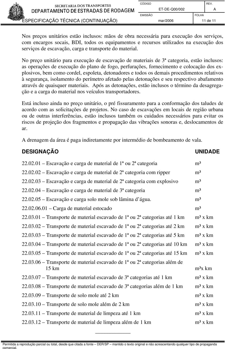 No preço unitário para execução de escavação de materiais de 3ª categoria, estão inclusos: as operações de execução do plano de fogo, perfurações, fornecimento e colocação dos explosivos, bem como