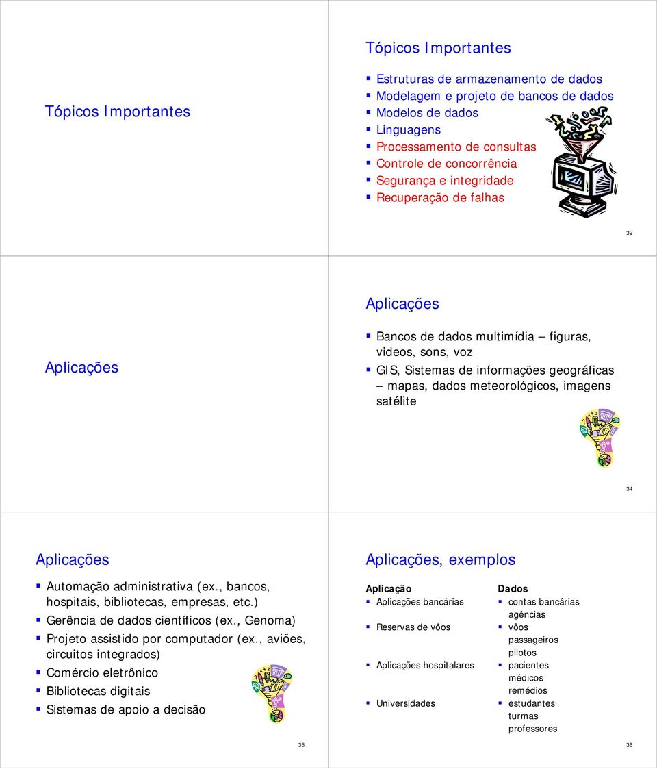 imagens satélite 34 Aplicações Aplicações, exemplos Automação administrativa (ex., bancos, hospitais, bibliotecas, empresas, etc.) Gerência de dados científicos cos (ex.