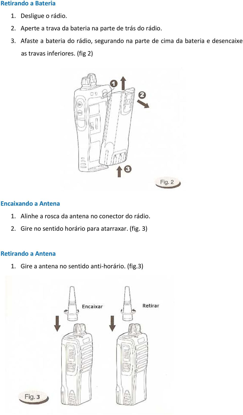 (fig 2) Encaixando a Antena 1. Alinhe a rosca da antena no conector do rádio. 2. Gire no sentido horário para atarraxar.