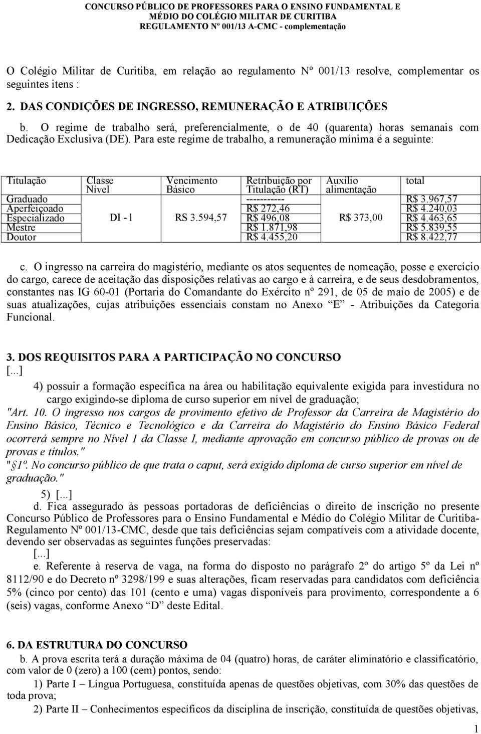 Para este regime de trabalho, a remuneração mínima é a seguinte: Titulação Classe Vencimento Retribuição por Auxílio total Nível Básico Titulação (RT) alimentação Graduado ----------- R$ 3.