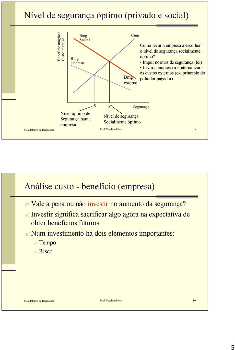 Nível óptimo de Segurança para a empresa S e S* Segurança Nível de segurança Socialmente óptimo Metodologias de Diagnóstico Profª Cesaltina Pires 9 Análise custo - benefício (empresa)