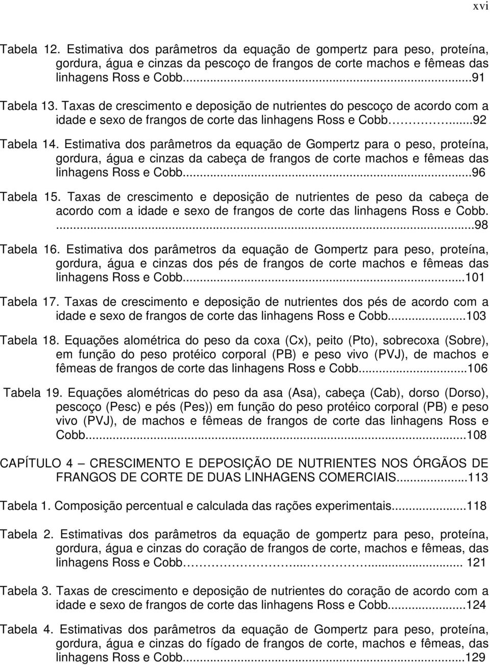 Estimativa dos parâmetros da equação de Gompertz para o peso, proteína, gordura, água e cinzas da cabeça de frangos de corte machos e fêmeas das linhagens Ross e Cobb...96 Tabela 15.