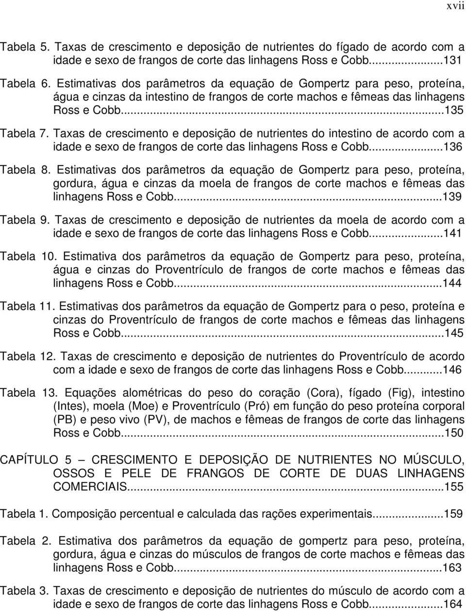 Taxas de crescimento e deposição de nutrientes do intestino de acordo com a idade e sexo de frangos de corte das linhagens Ross e Cobb...136 Tabela 8.