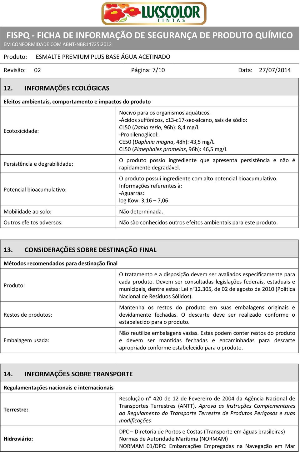 Nocivo para os organismos aquáticos.