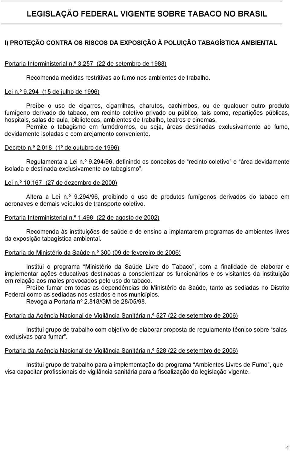 294 (15 de julho de 1996) Proíbe o uso de cigarros, cigarrilhas, charutos, cachimbos, ou de qualquer outro produto fumígeno derivado do tabaco, em recinto coletivo privado ou público, tais como,