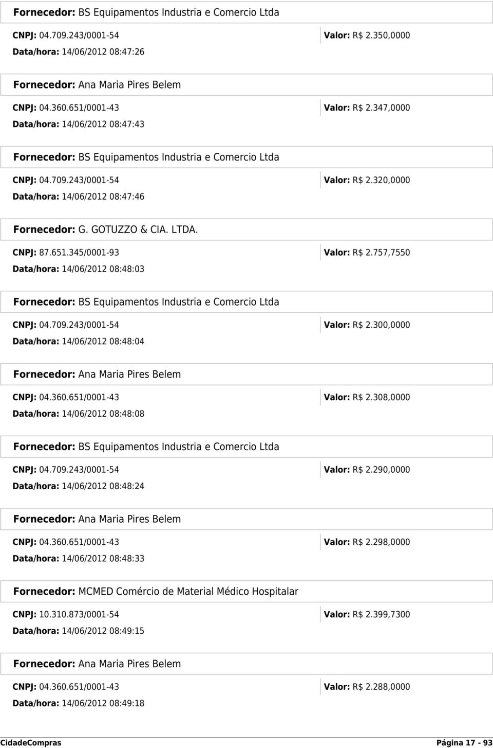 LTDA. CNPJ: 87.651.345/0001-93 Valor: R$ 2.757,7550 Data/hora: 14/06/2012 08:48:03 Fornecedor: BS Equipamentos Industria e Comercio Ltda CNPJ: 04.709.243/0001-54 Valor: R$ 2.