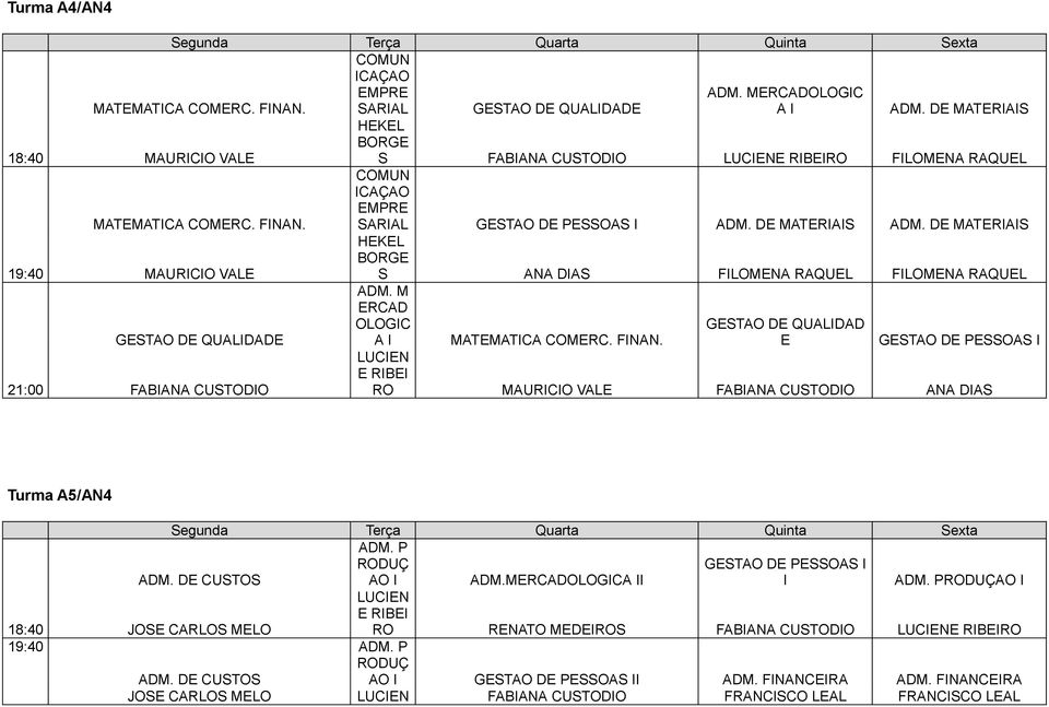 MAURICIO VALE GESTAO DE QUALIDADE FABIANA CUSTODIO S FABIANA CUSTODIO LUCIENE RIBEIRO COMUN ICAÇAO EMPRE SARIAL GESTAO DE PESSOAS I ADM. DE MATERIAIS ADM. DE MATERIAIS HEKEL BORGE S ANA DIAS ADM.