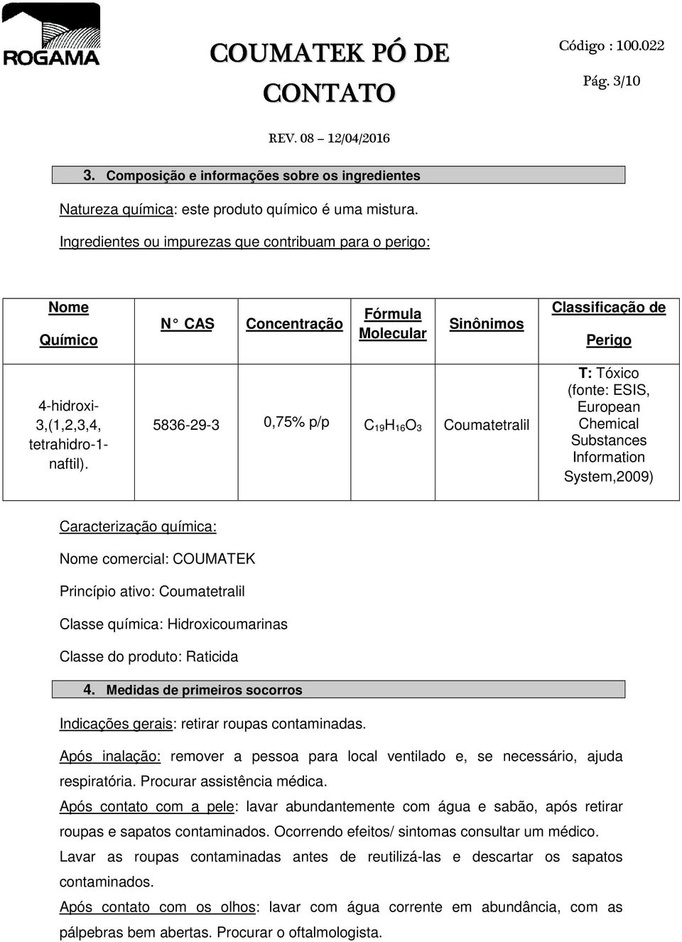 5836-29-3 0,75% p/p C 19H 16O 3 Coumatetralil T: Tóxico (fonte: ESIS, European Chemical Substances Information System,2009) Caracterização química: Nome comercial: COUMATEK Princípio ativo: