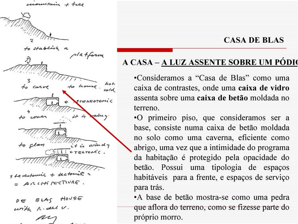 O primeiro piso, que consideramos ser a base, consiste numa caixa de betão moldada no solo como uma caverna, eficiente como abrigo, uma vez que a